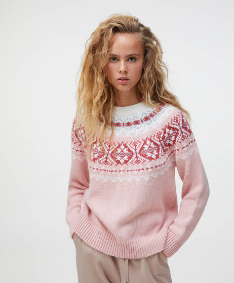 Pink Jacquard Knit Jumper New In Homewear Oysho Turkiye