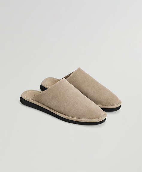 Sand-coloured split-leather slippers