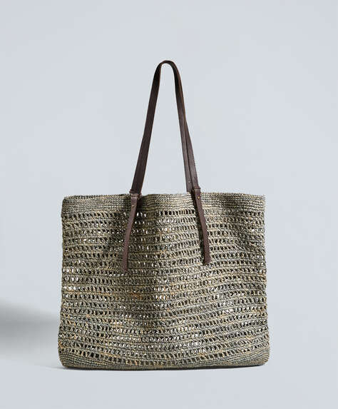 Τσάντα maxi shopper από φυσική ίνα ράφια