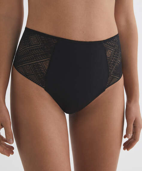 High-waisted lace and microfibre Brazilian briefs