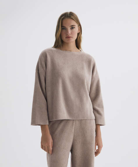Sweatshirt i imiteret lammepels og fleece