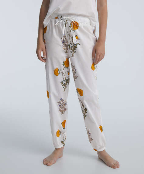 Pantalon long avec bas resserré 100 % coton à fleurs hindoues
