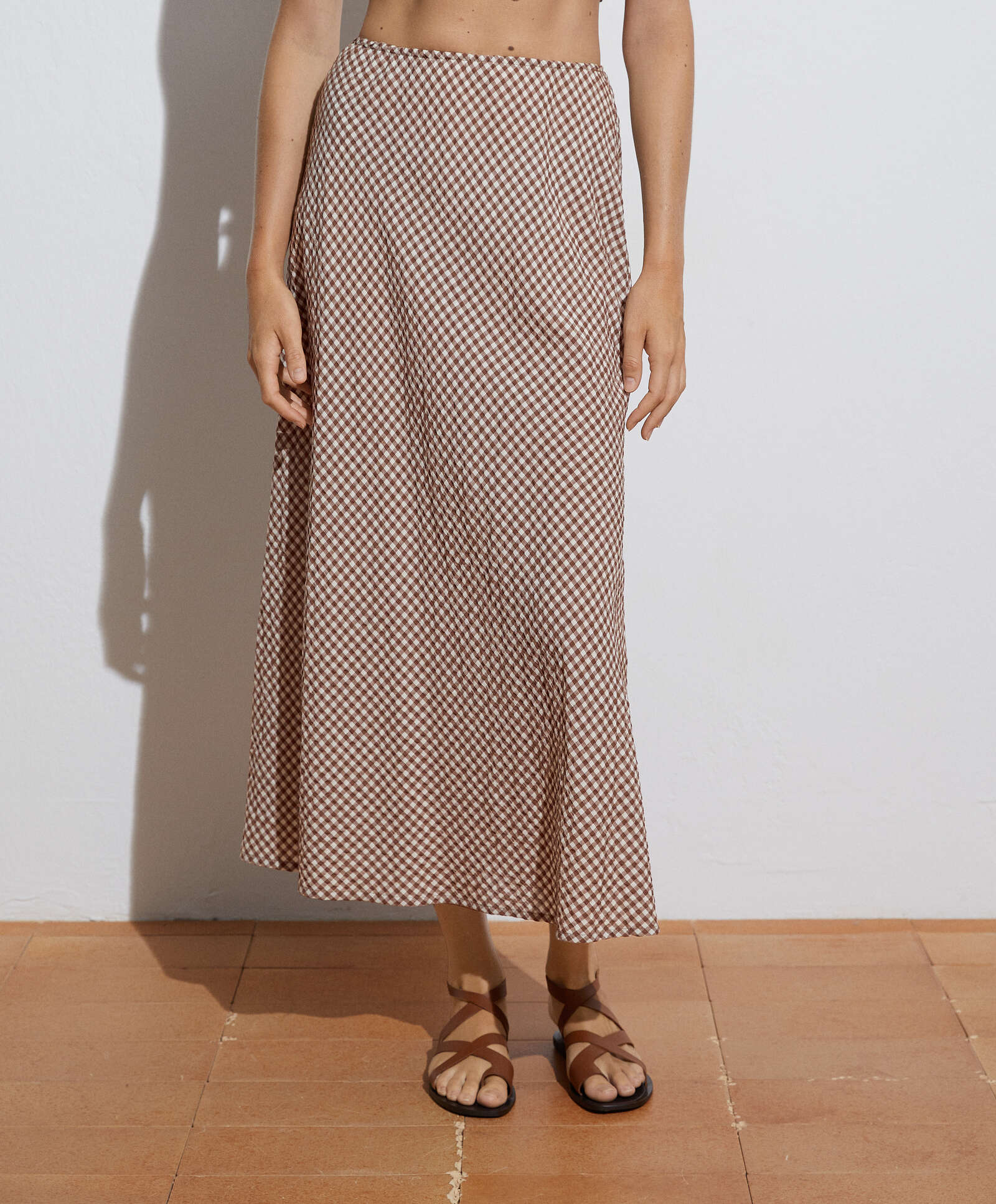 Osyho Long brown & white gingham bias cut skirt, £35.99