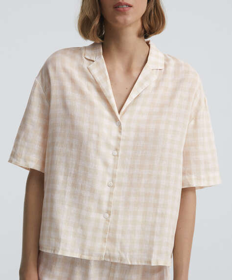 Gingham linen short-sleeved shirt 