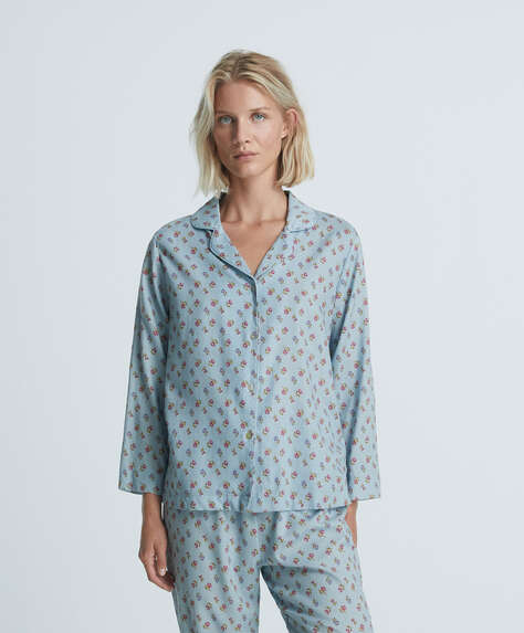 %100 pamuklu çiçekli uzun kollu pijama gömlek