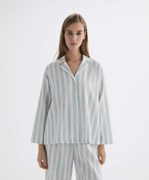 %100 pamuklu çizgili uzun kollu pijama gömlek