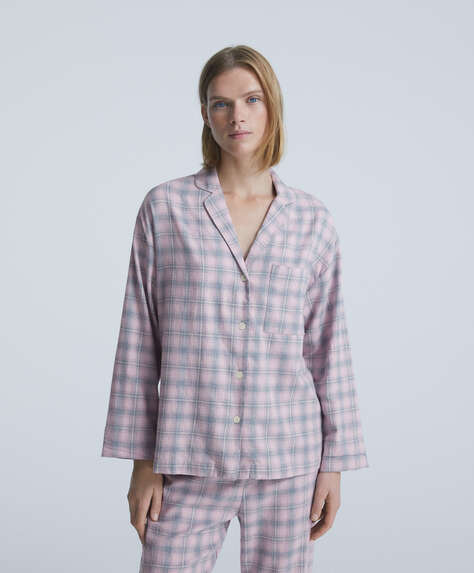 Gornji deo pidžame u stilu košulje dugih rukava od 100% pamuka sa kariranim dezenom