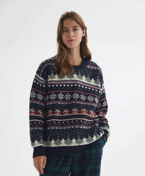 Dzianinowy sweter w żakardowy motyw bożonarodzeniowy