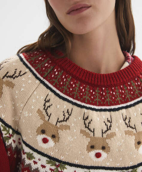 Embroidered reindeer knit jumper
