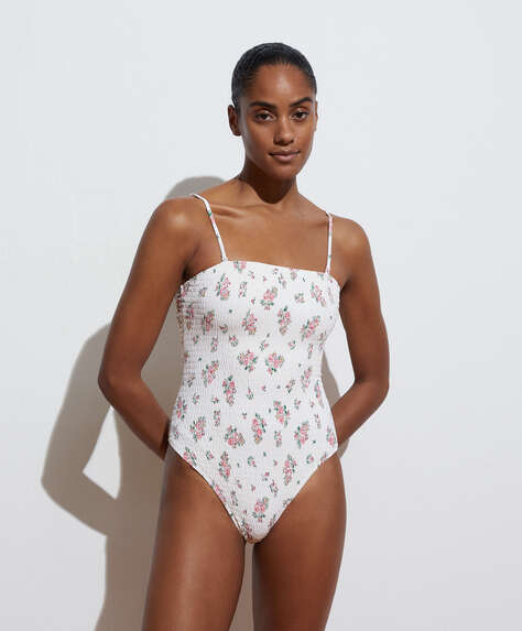 Smock cotton bandeau swimsuit with stamp print