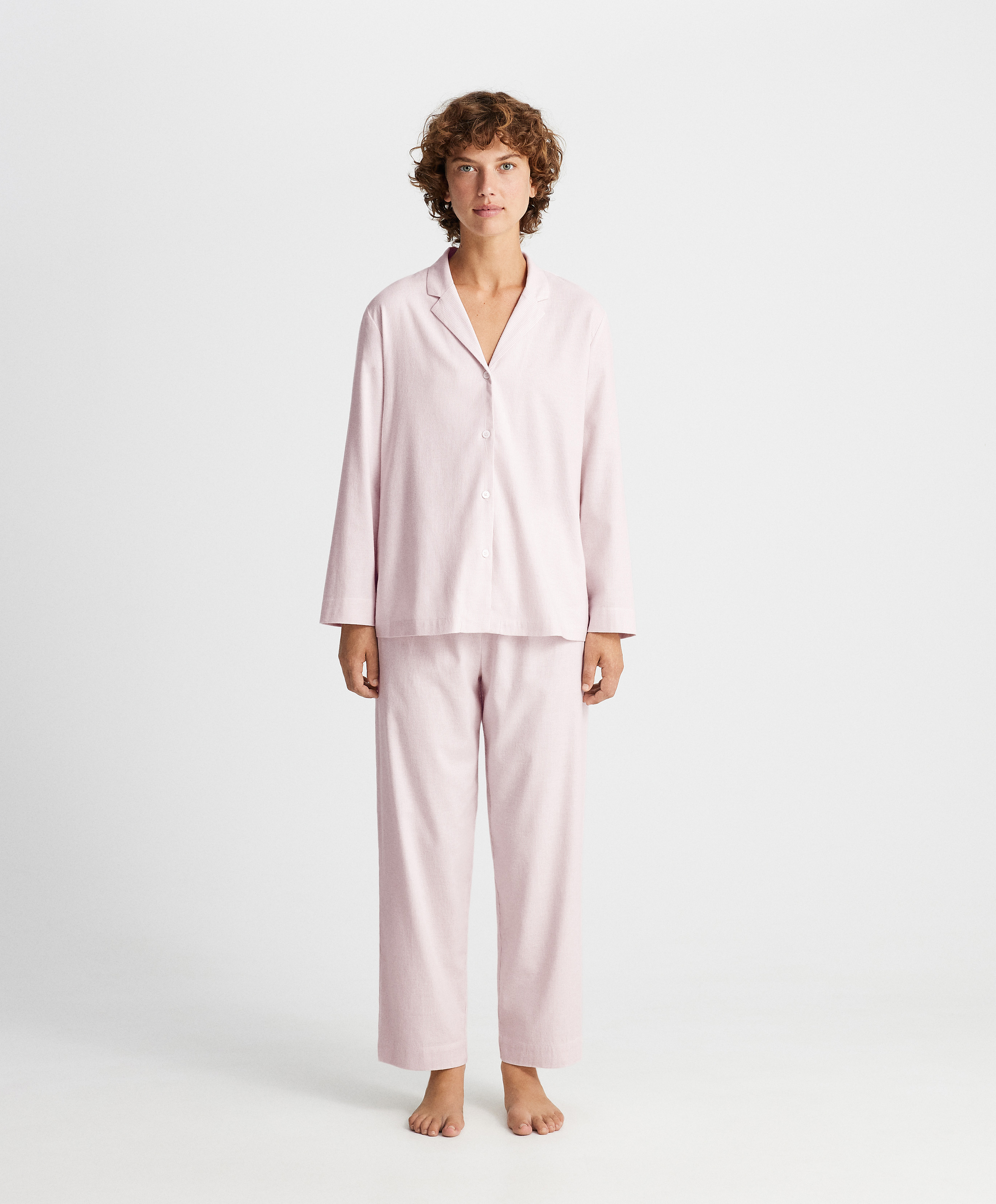 Длинная пижама с рубашкой в розовую полоску из ткани Stretch