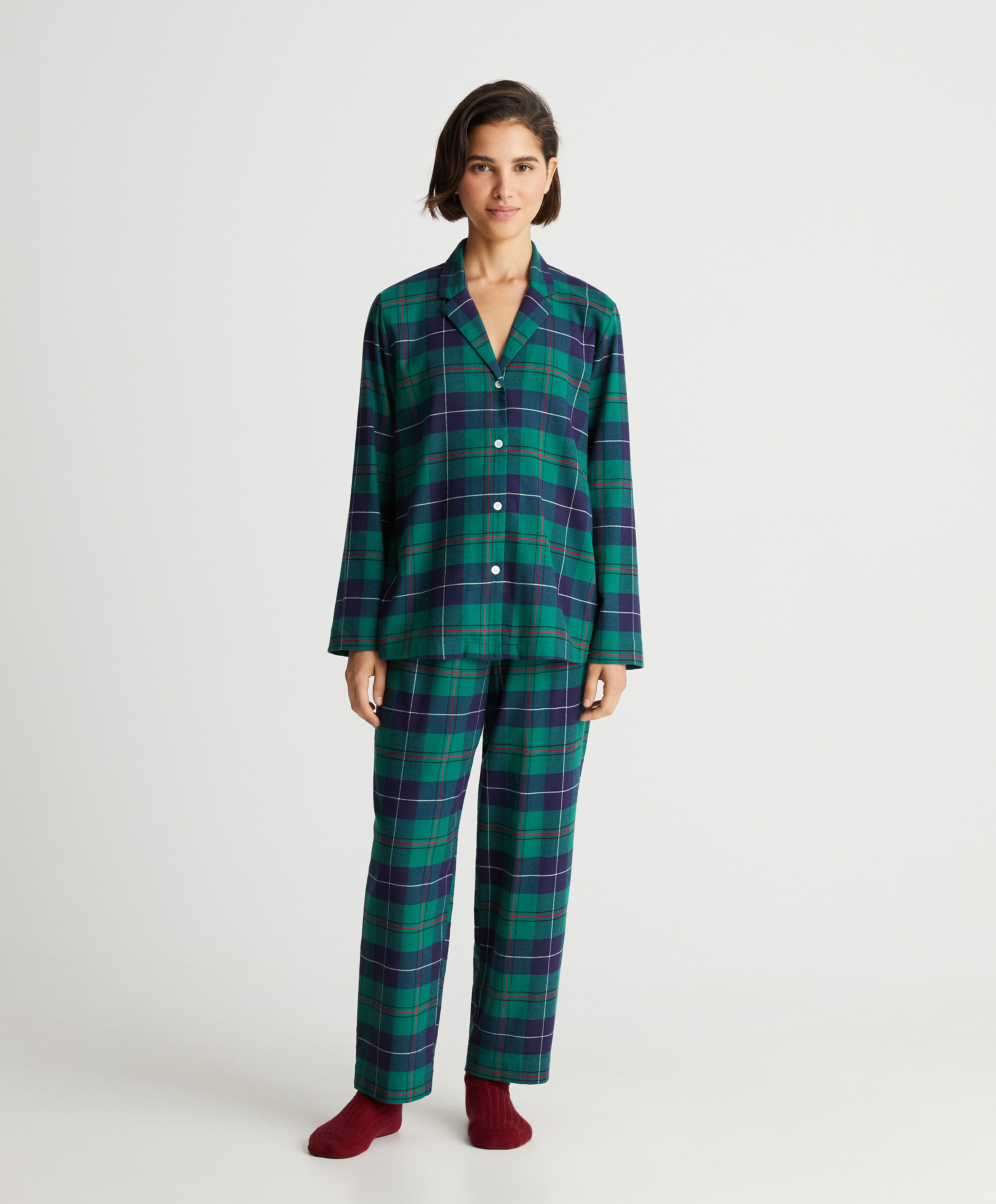 Check stretch cotton long pyjama set