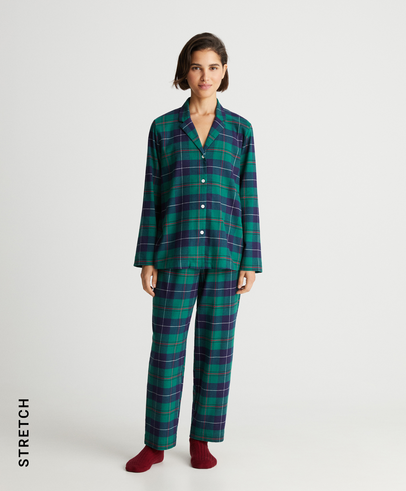 Check stretch cotton long pyjama set