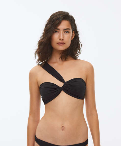 Asymmetric drape bandeau bikini top
