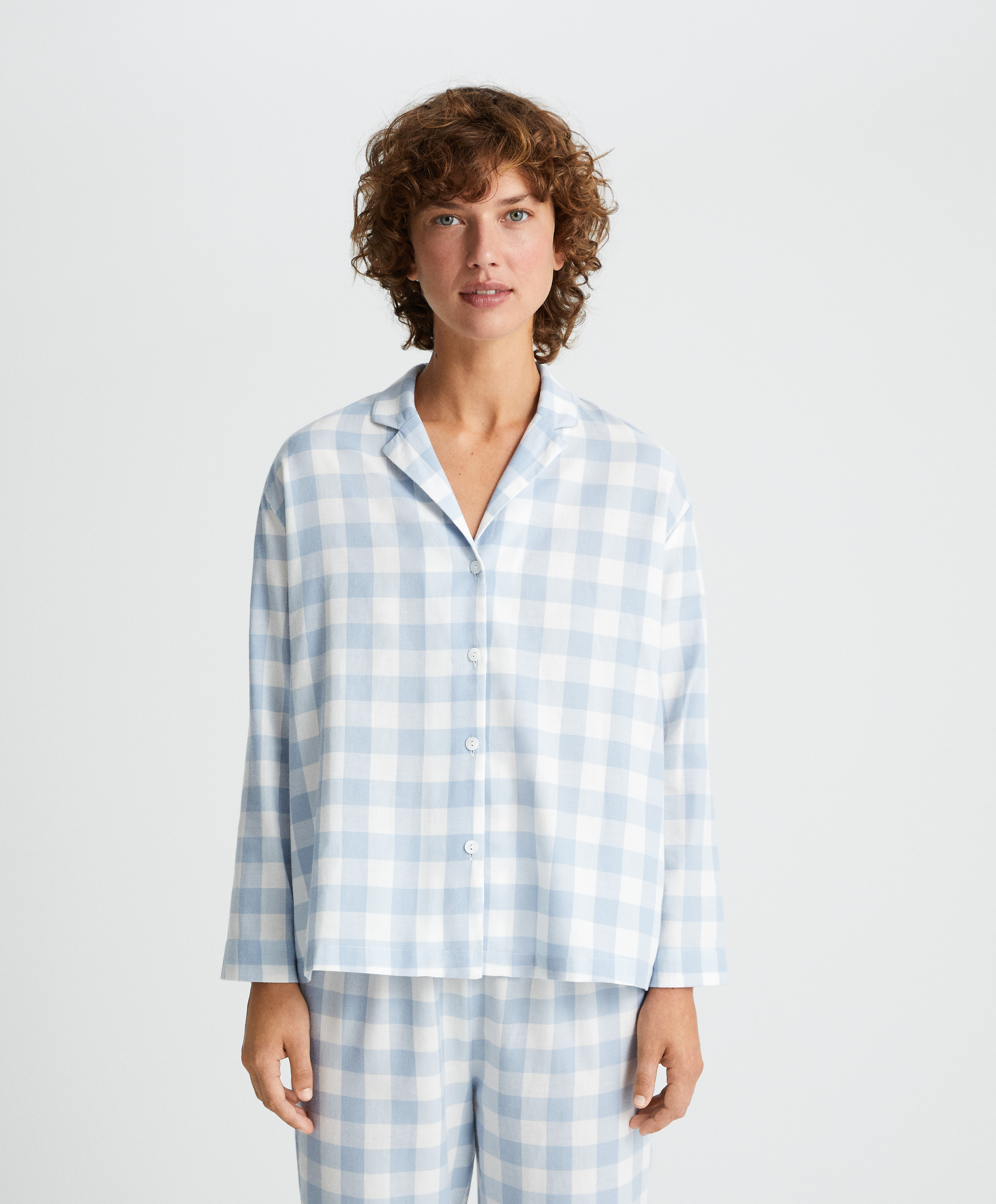 Karirani gornji deo pidžame dugih rukava sa kragnom od 100% pamuka