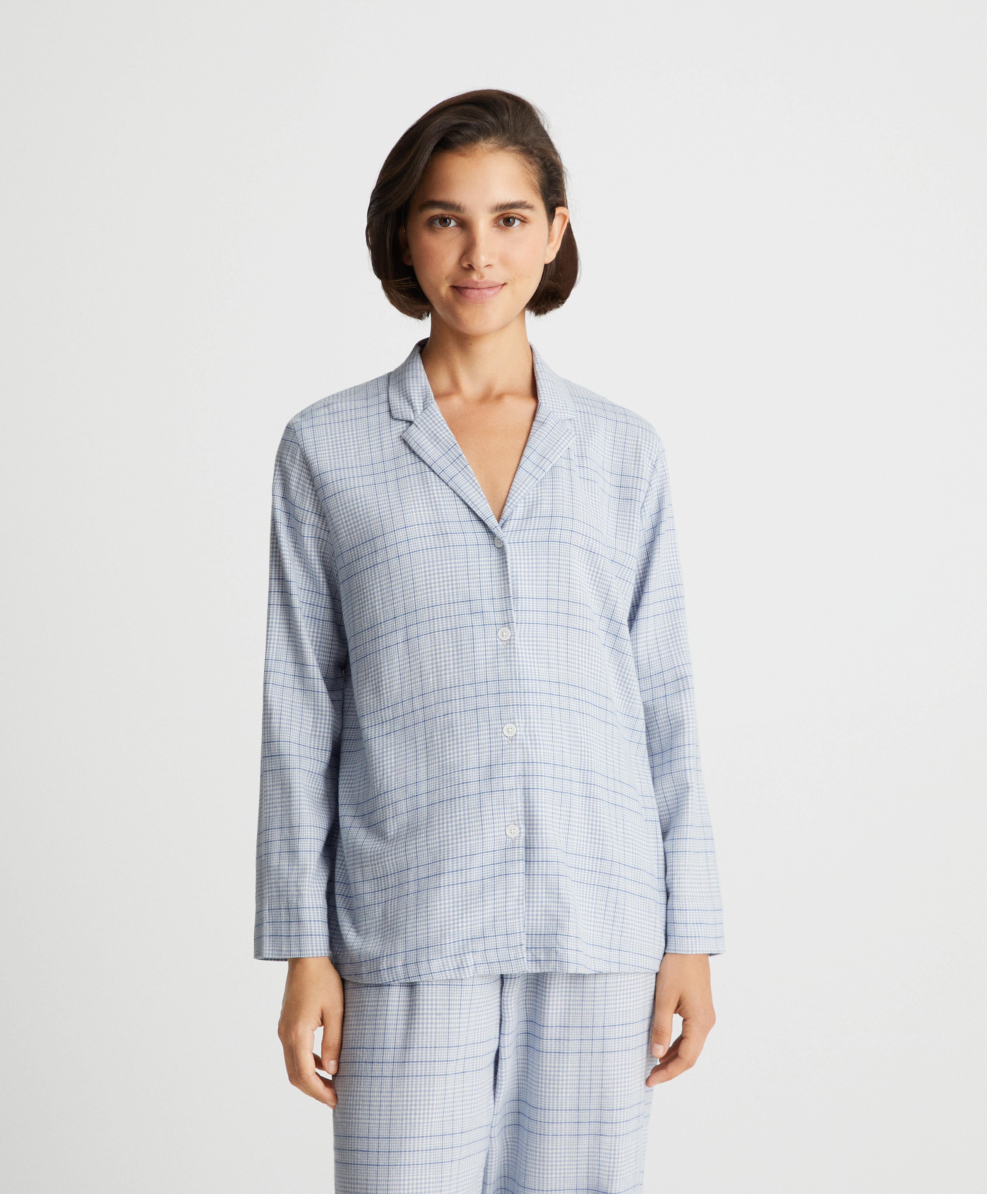 Bawełniana koszula piżamowa z długim rękawem z tkaniny elastycznej w kratę