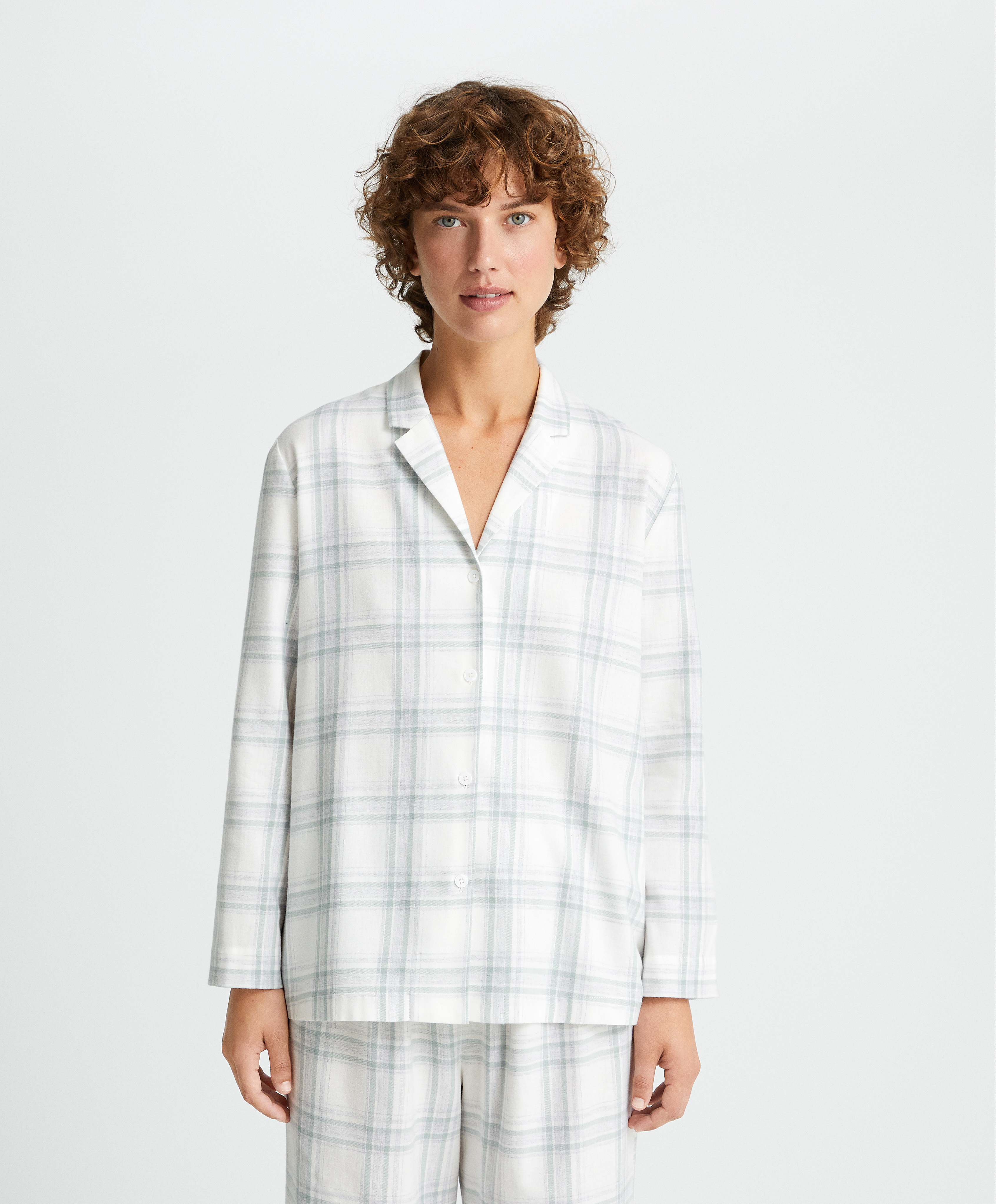 Karirani gornji deo pidžame dugih rukava sa kragnom od 100% pamuka