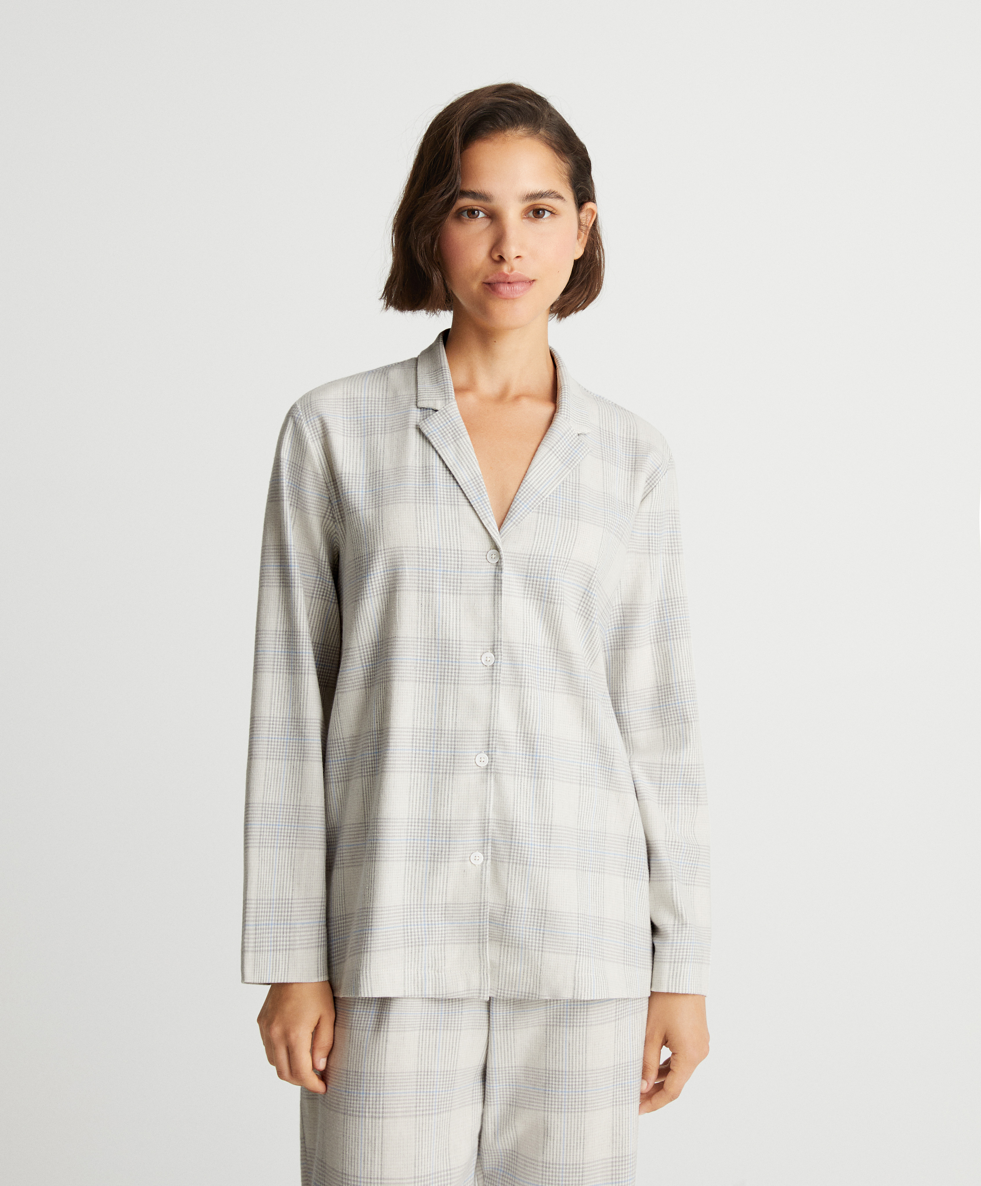 Bawełniana koszula piżamowa z długim rękawem z tkaniny elastycznej w kratę