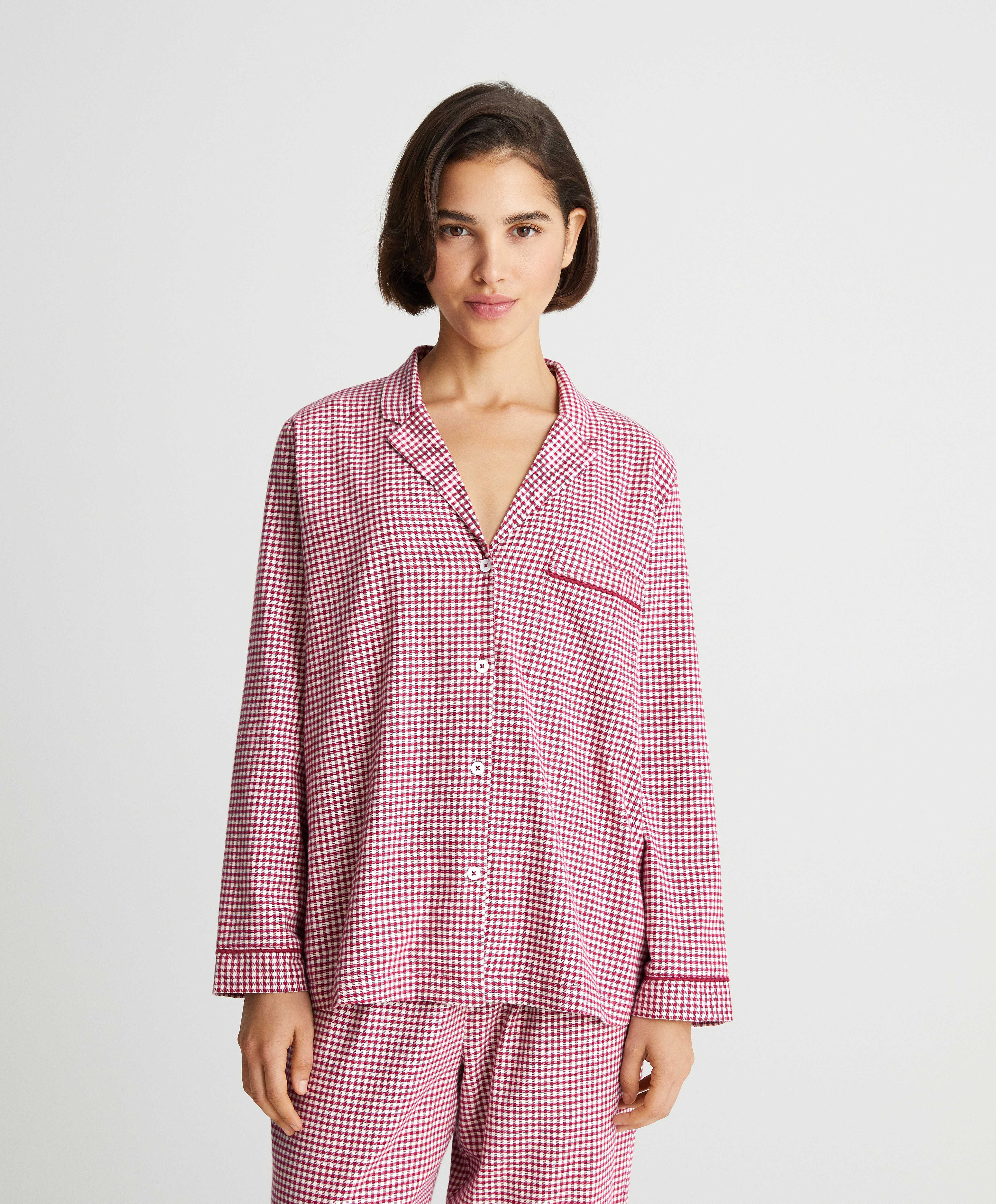 Long-sleeved gingham stretch cotton shirt