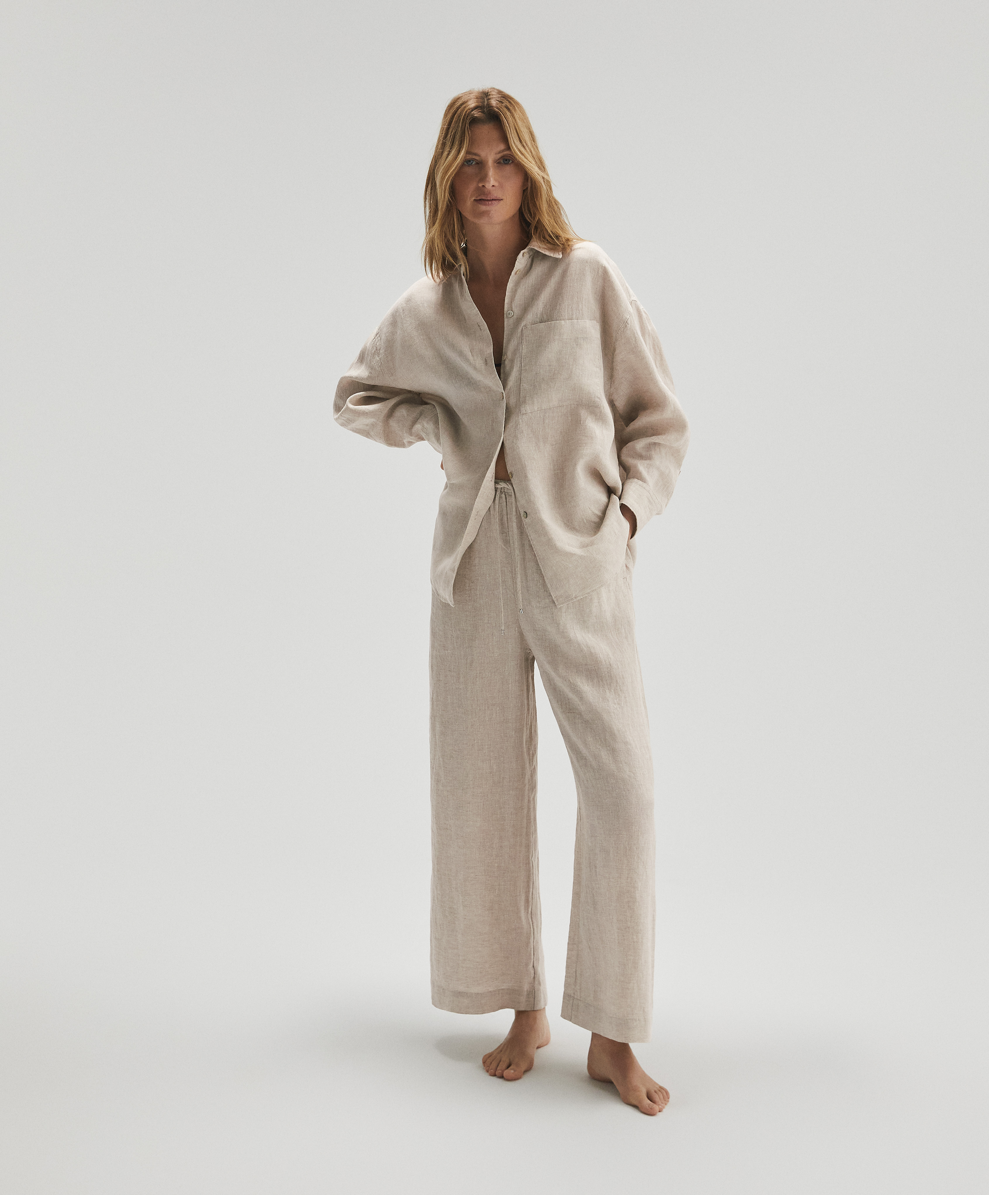 100% linen long-sleeved shirt - | OYSHO 