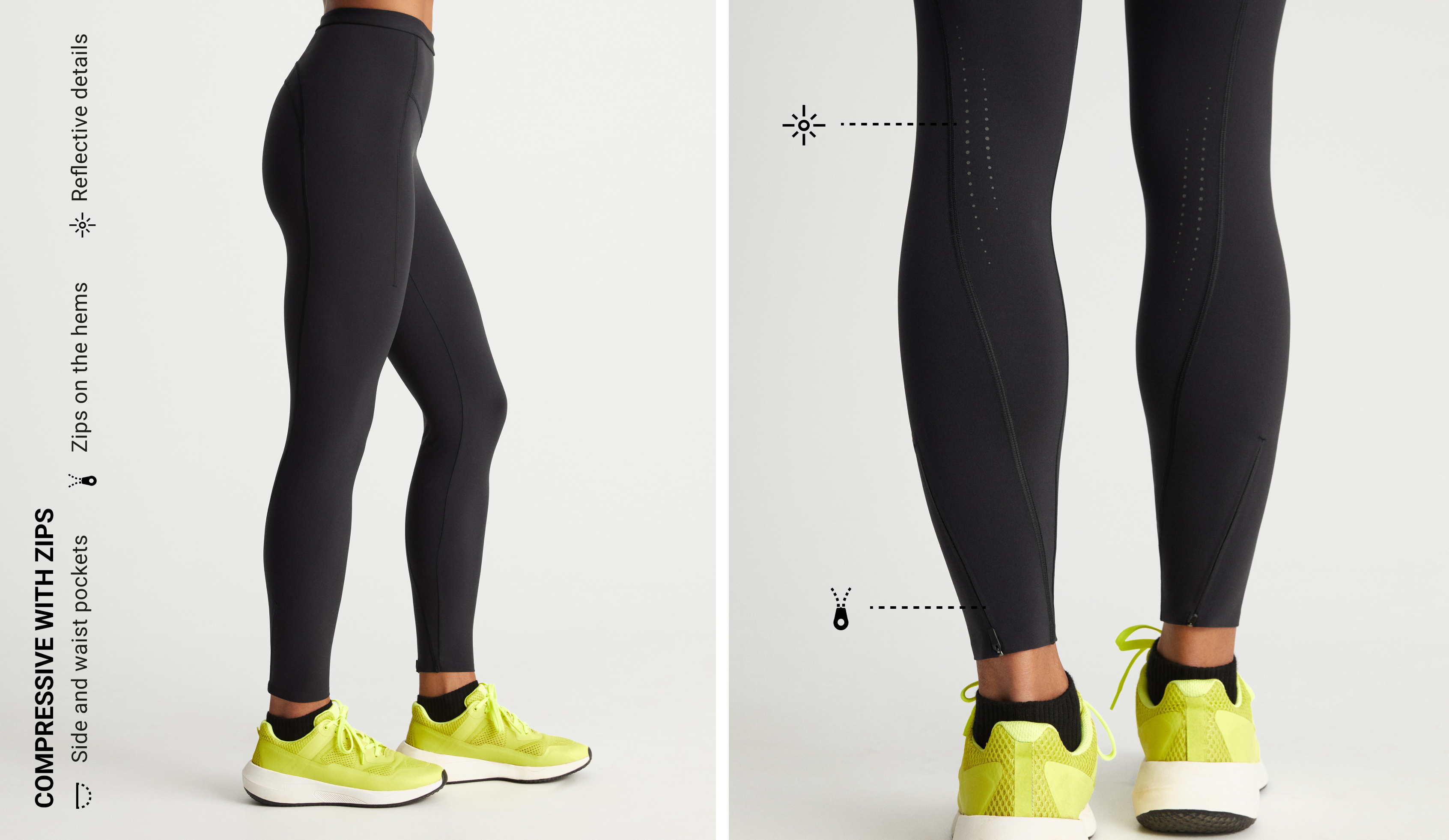 Running leggings, compressive, med lynlåse, 65 cm