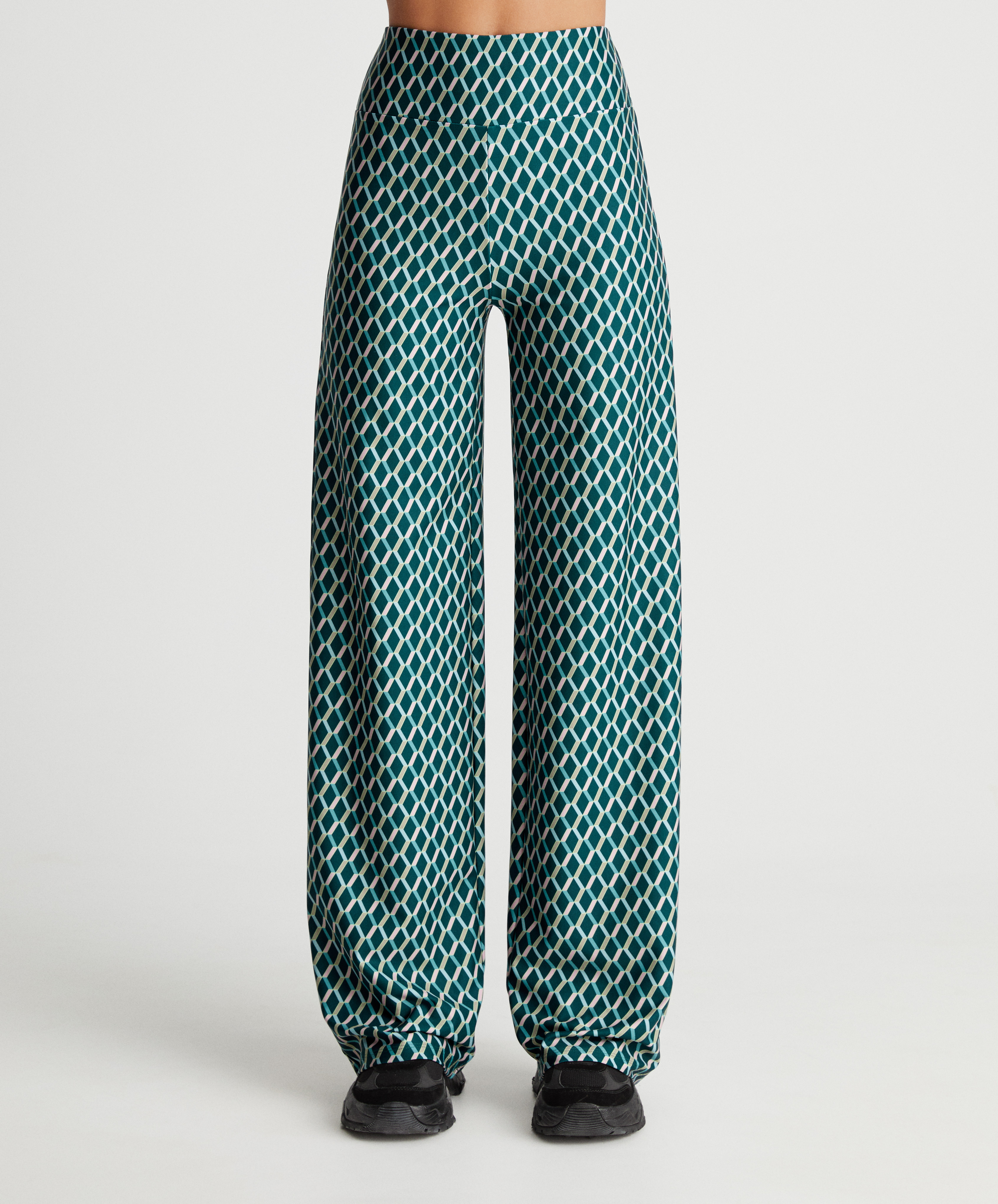 Lange bukser i strik, straight fit, med geometrisk print