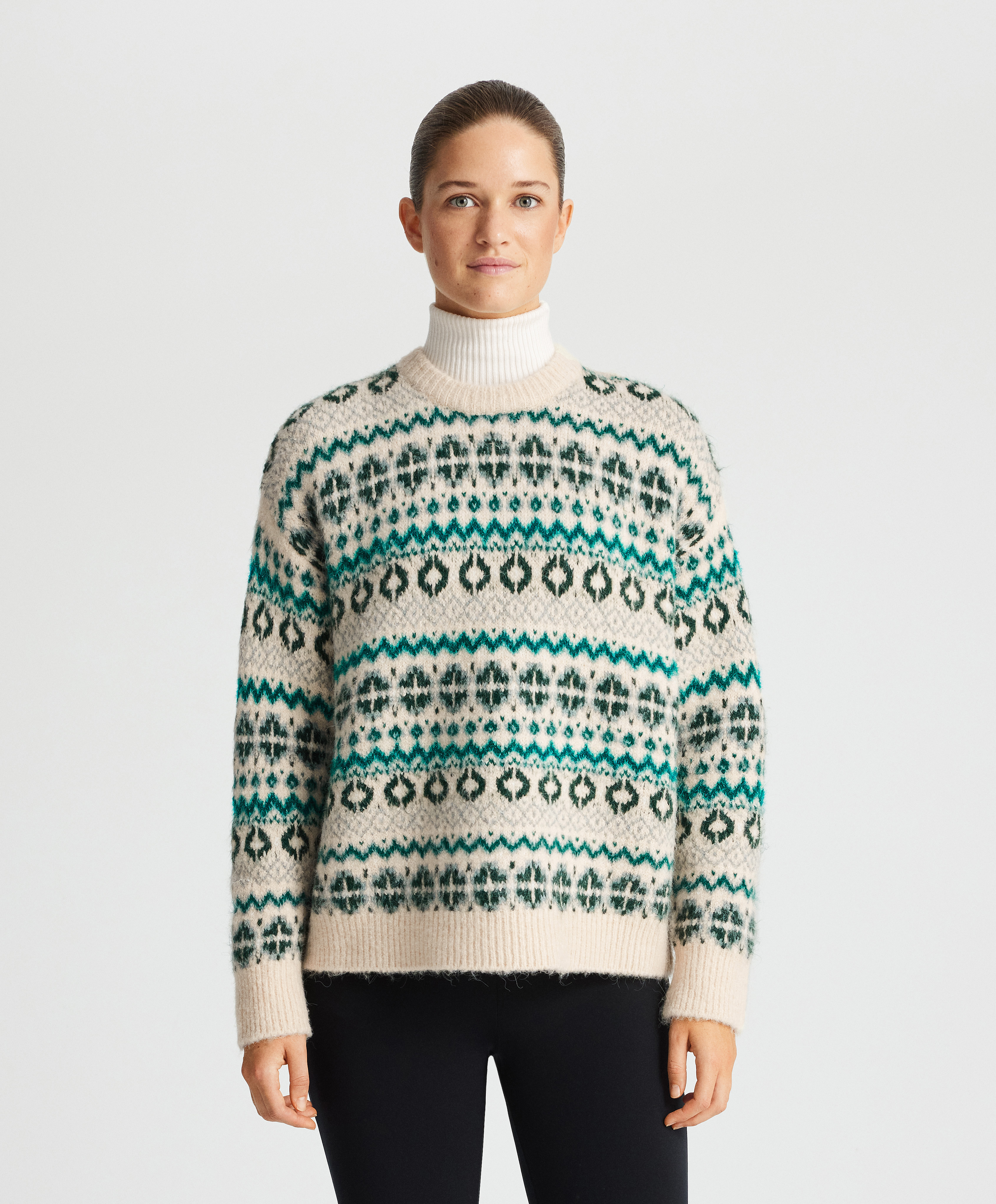 Sweater i strik med geometrisk jacquard motiv