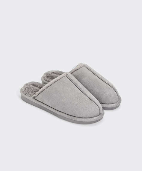 Grey furry trim slippers