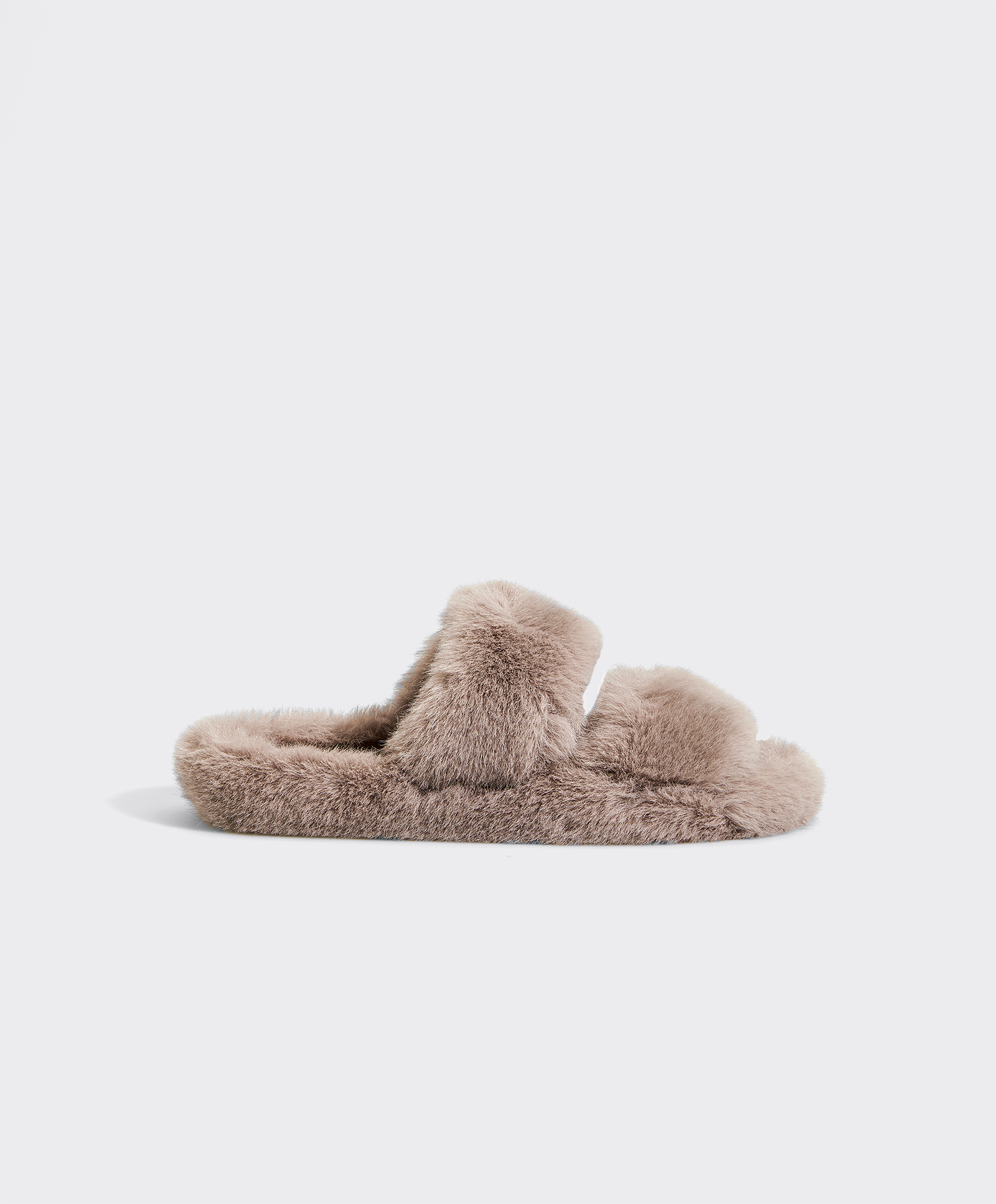 Mink-coloured faux fur double strap slippers