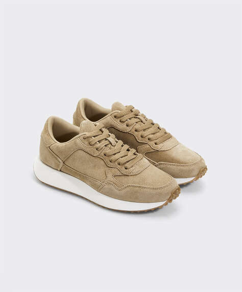Camel split-leather trainers