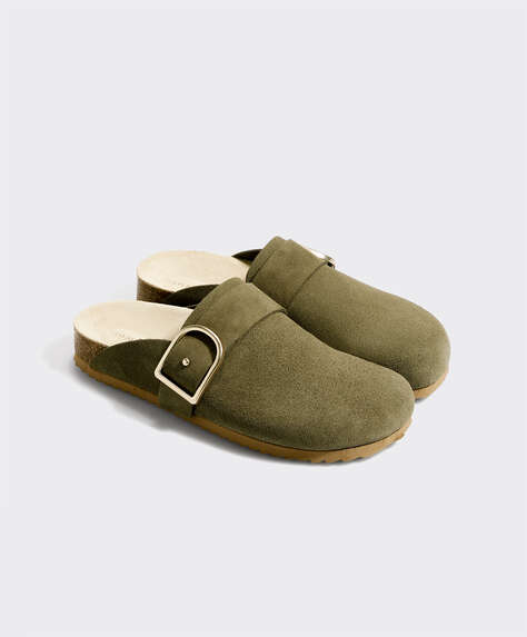Buckled split-leather slippers