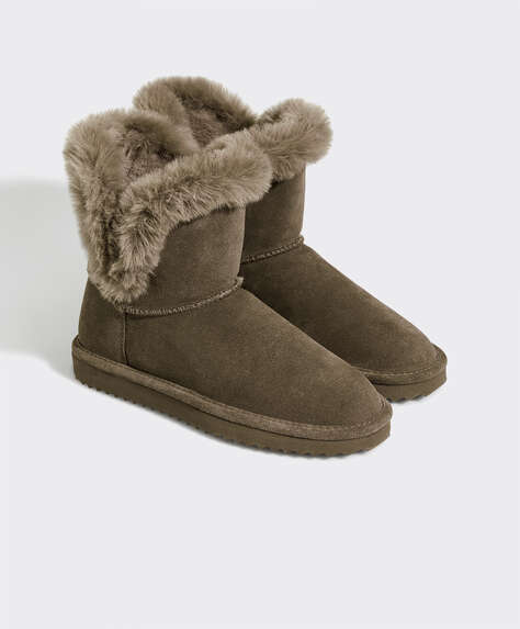Furry collar split leather boots