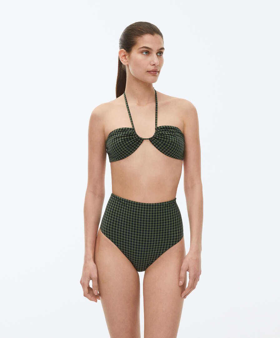 Khaki and black gingham print high-waist bikini briefs with medium coverage. Fabric with recycled polyamide.