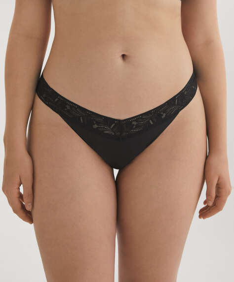 “V”-cut thong in lace and polyamide