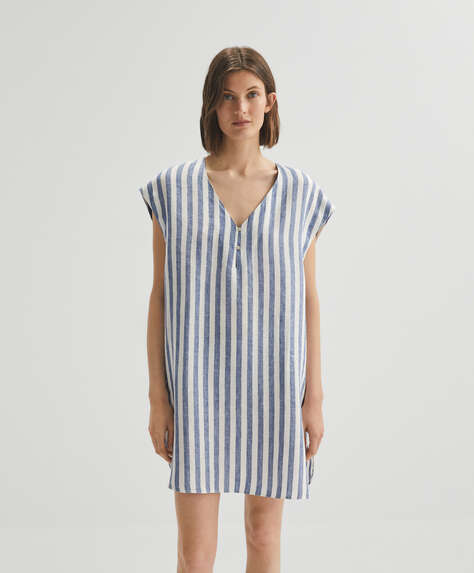 Short tunic dress in striped 100% linen