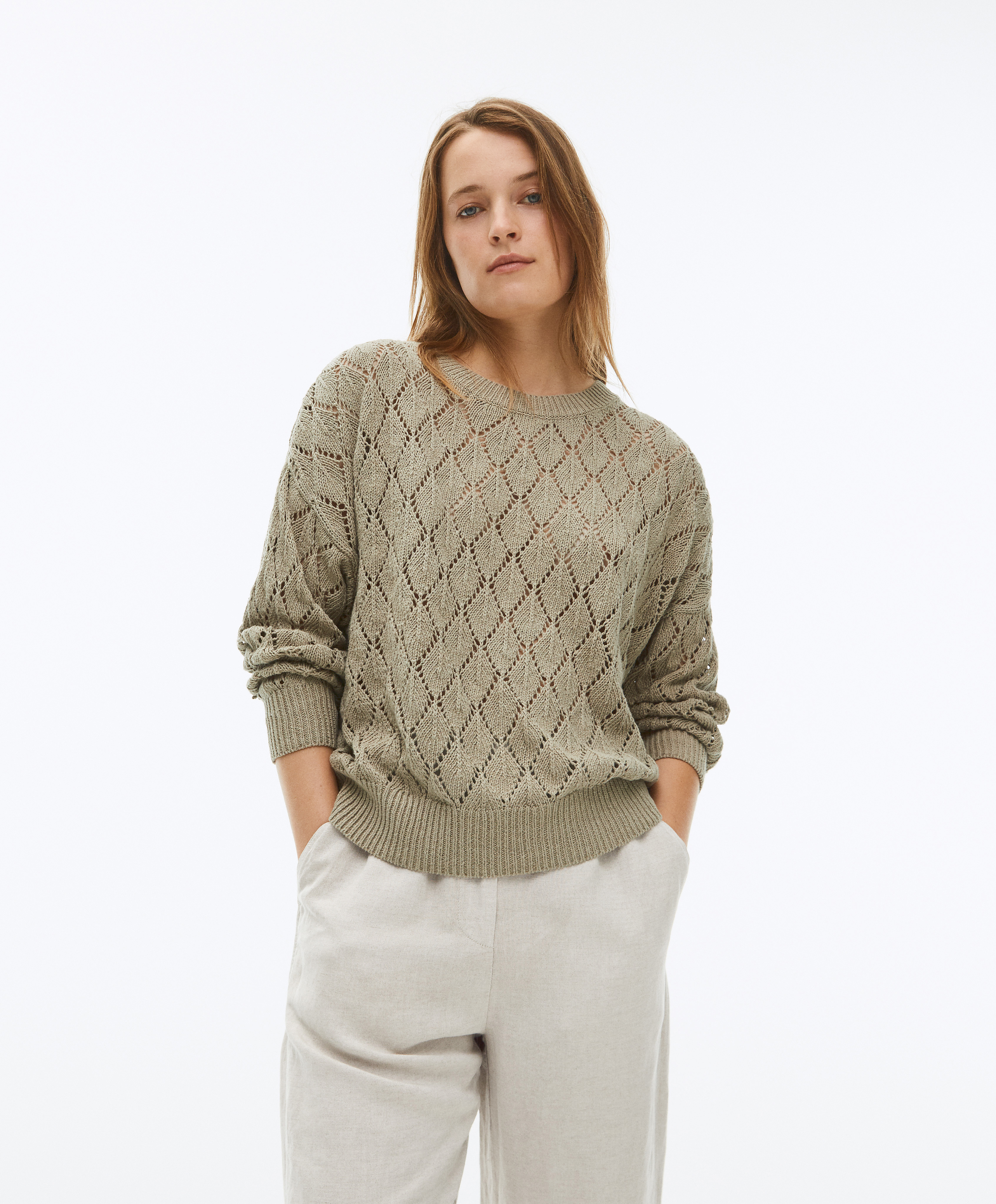 Linen and cotton open-knit jumper