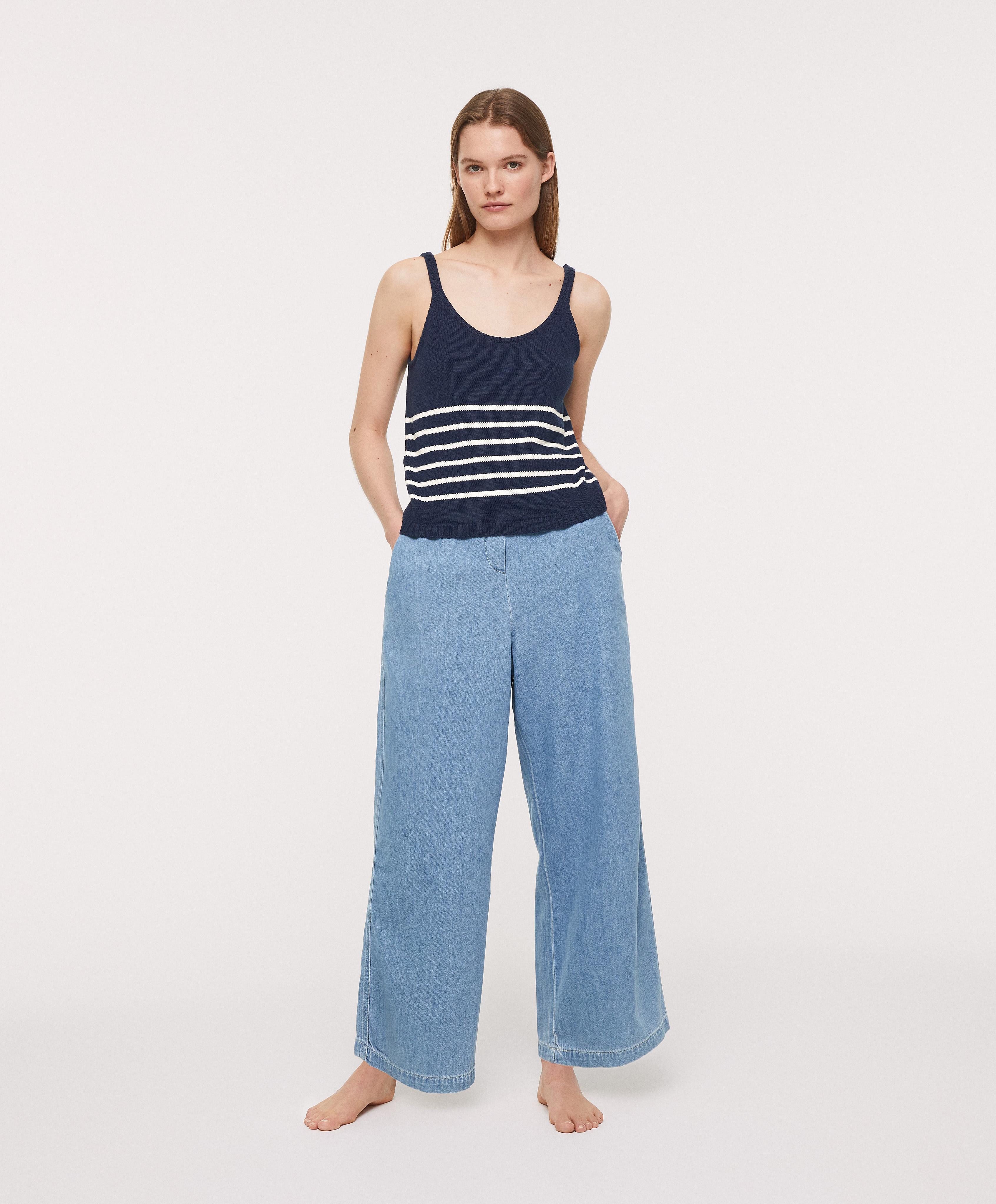 Knit cotton and linen vest top with stripe pattern