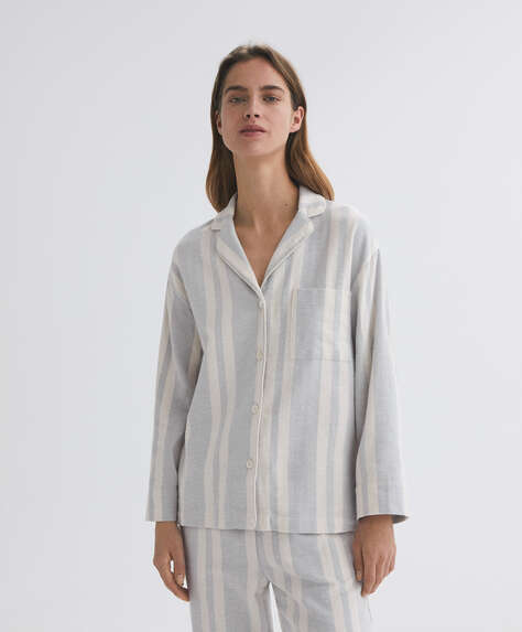 Gornji deo pidžame u stilu košulje dugih rukava od 100% pamuka sa prugama EXTRA WARM