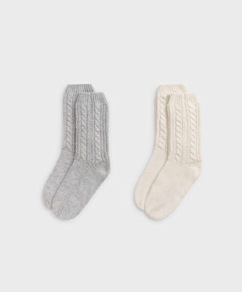 2 pairs of medium thick aran-knit socks
