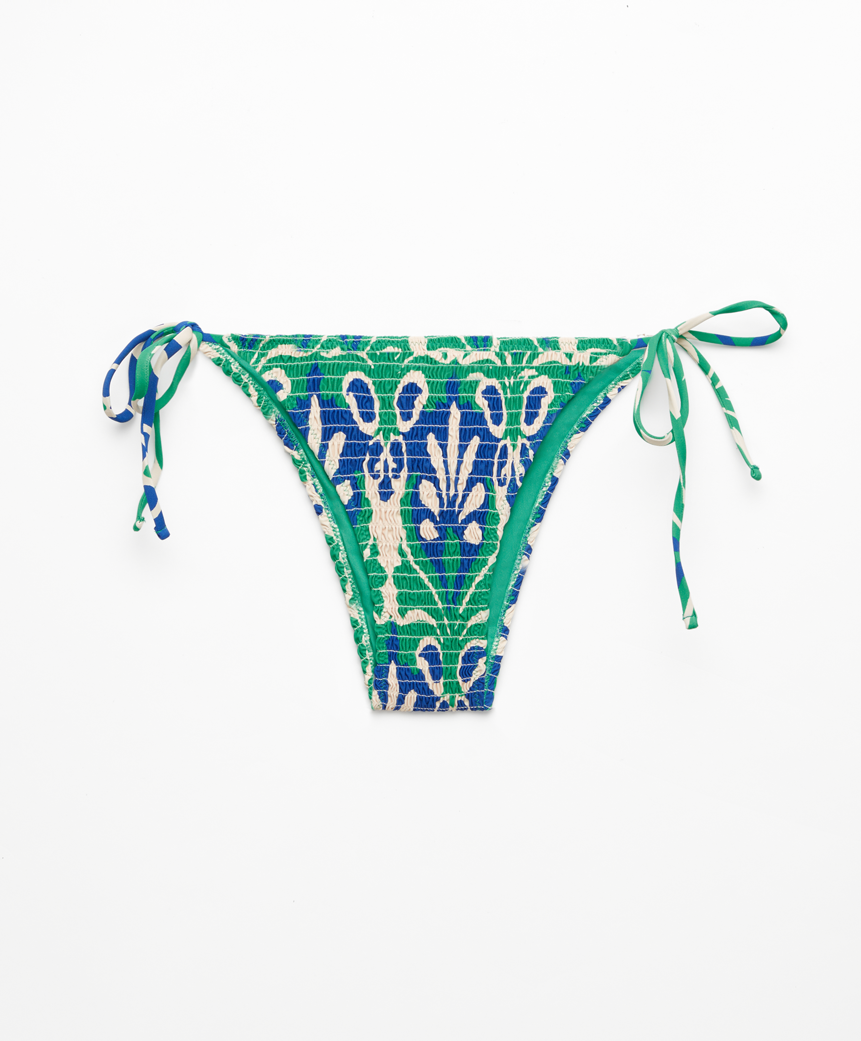 Medium-Coverage-Bikinislip mit Bindedetails aus Smock-Material mit Ornamenteprint
