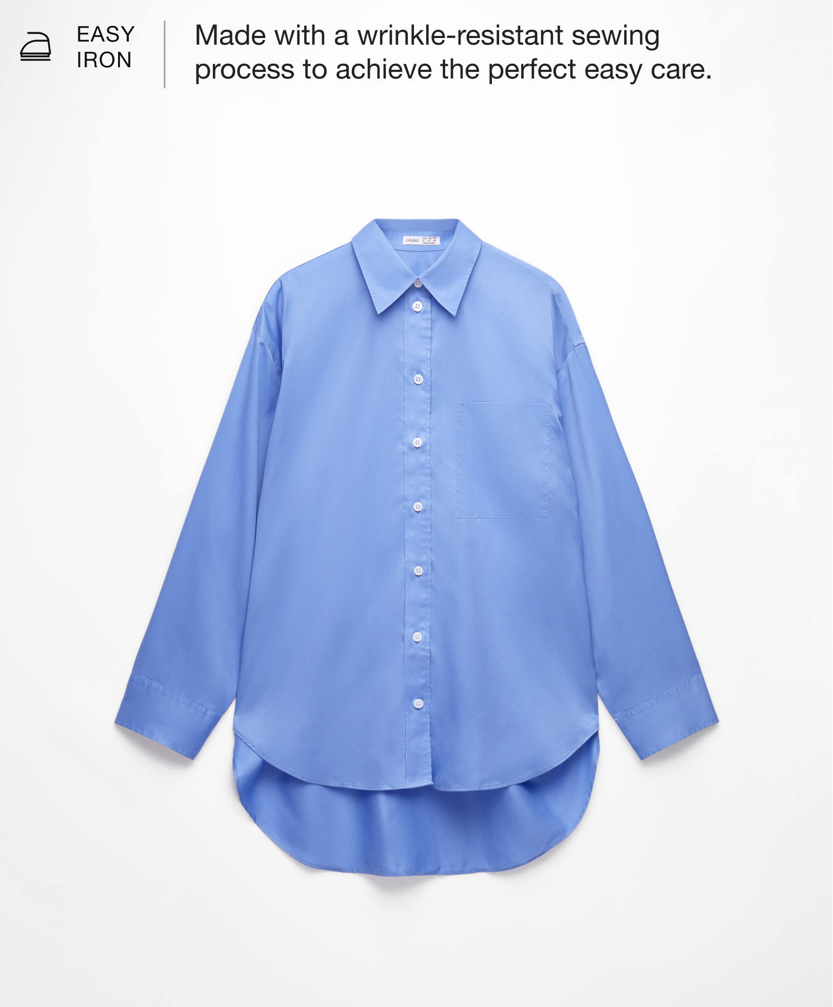 Oversize easy-iron 100% cotton shirt with pocket