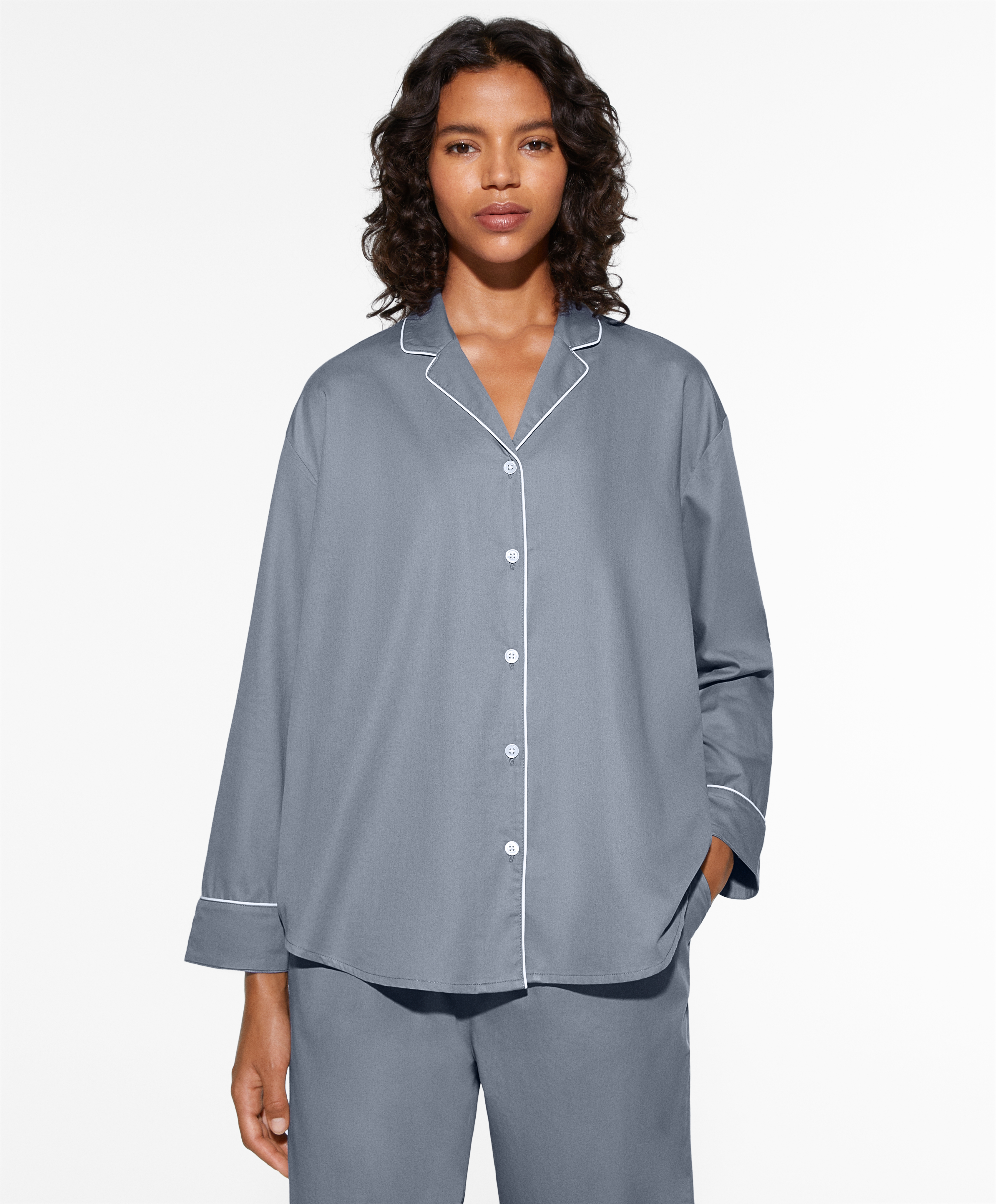 Camicia del pigiama a manica lunga in 100% cotone con piping