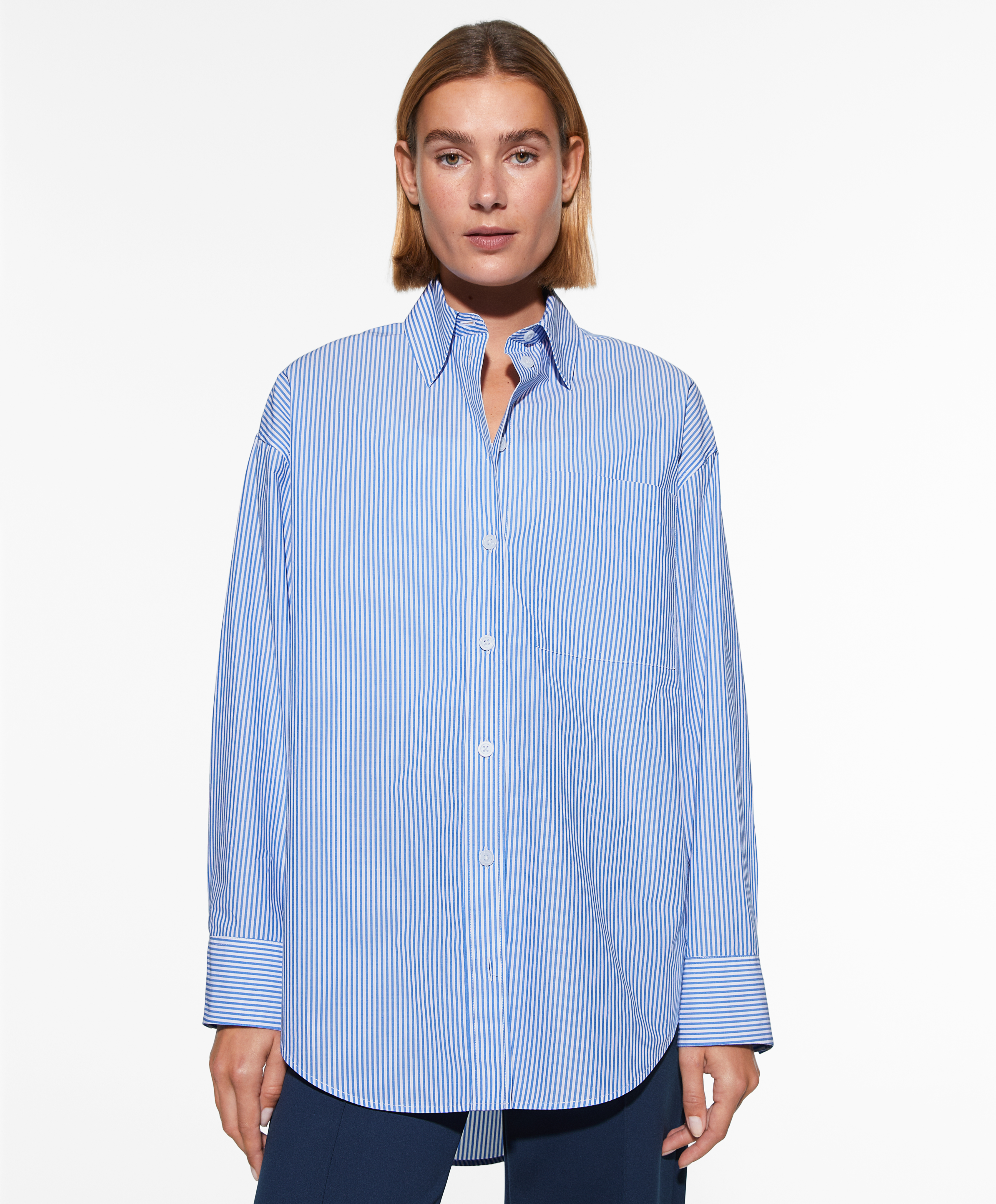 Striped 100% cotton poplin oversize shirt with pocket | OYSHO
