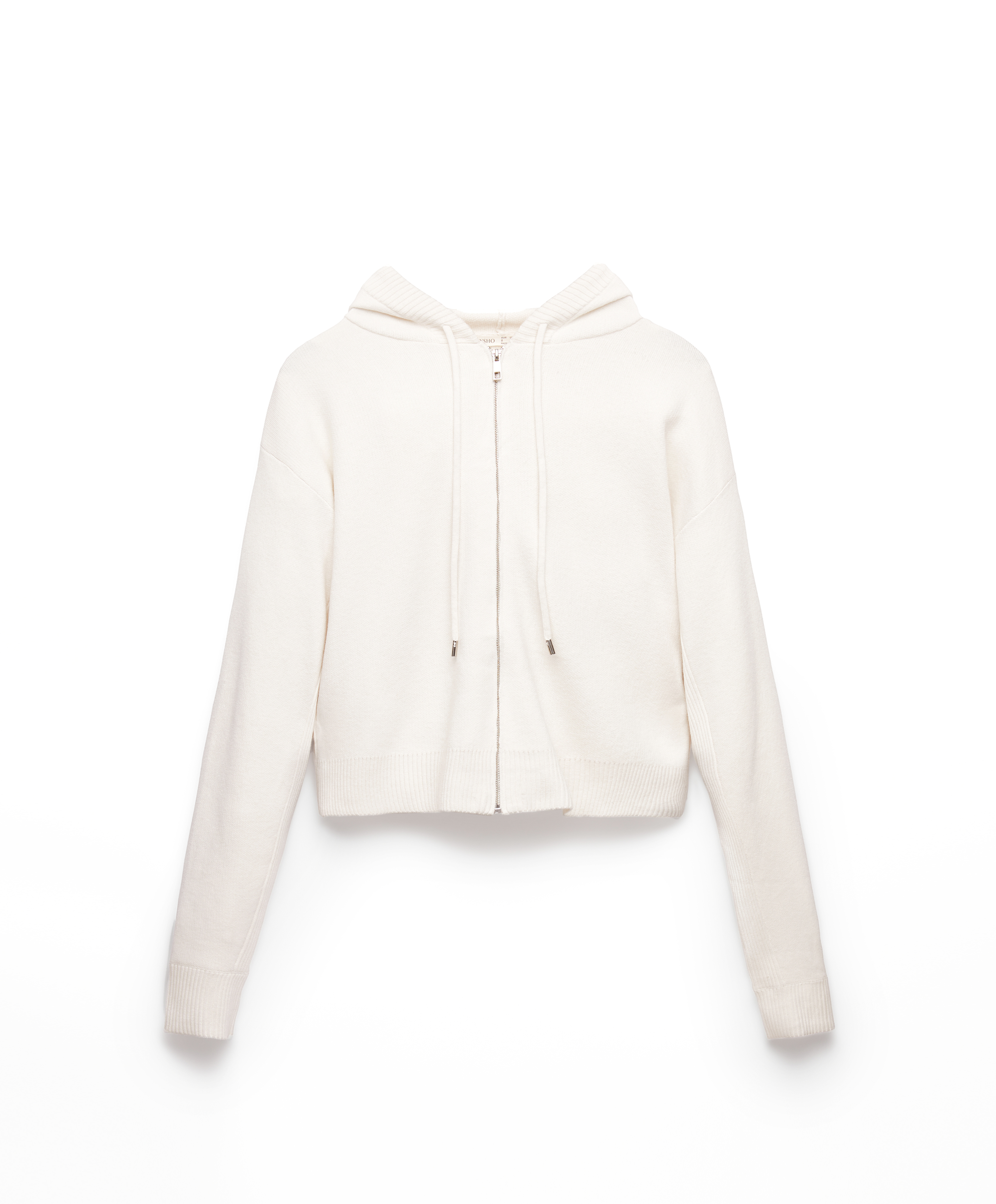 Knit crop jacket with zip fastening and rib detail at the sides. Adjustable drawstring hood.