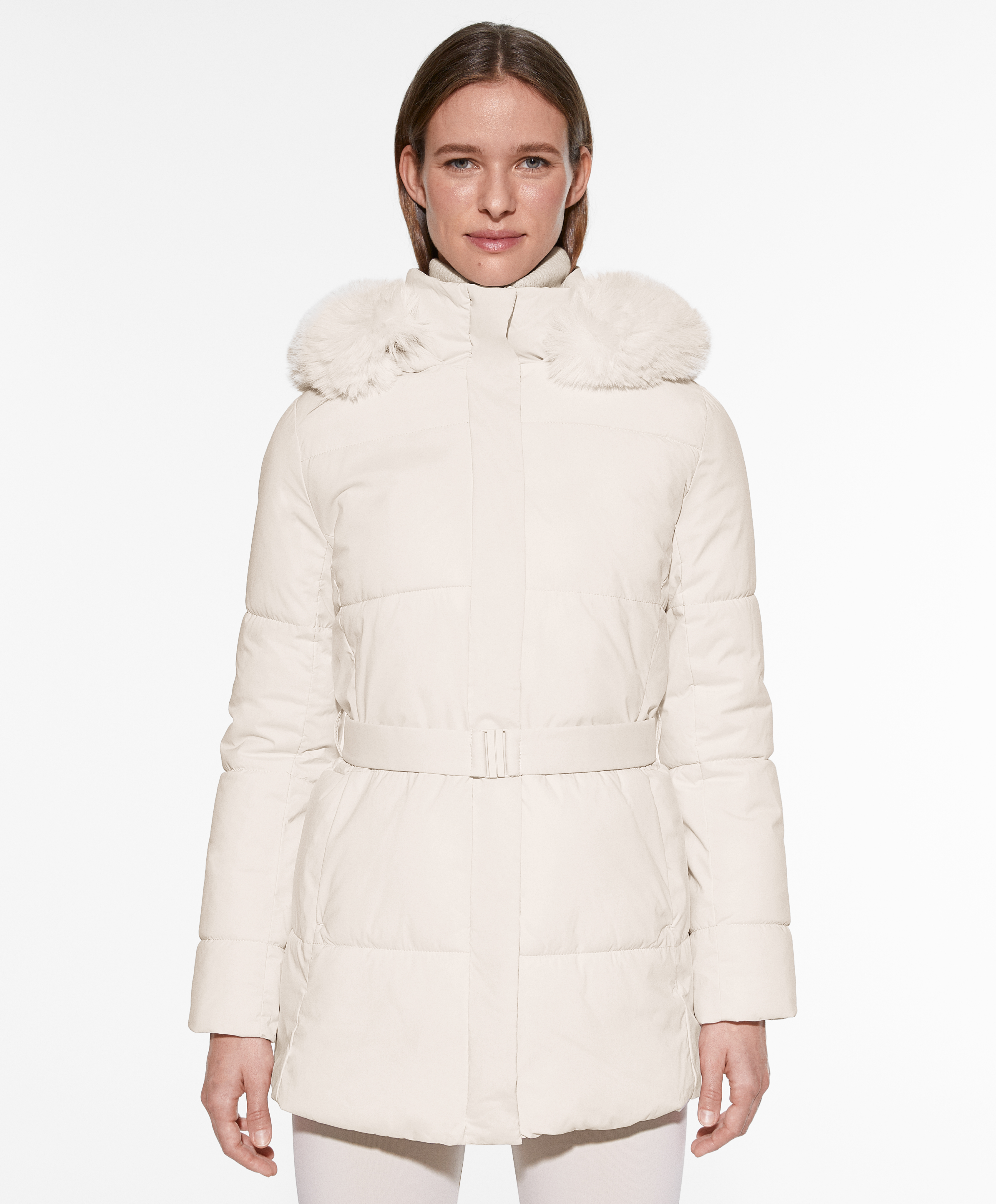 Padded jacket with outlet belt