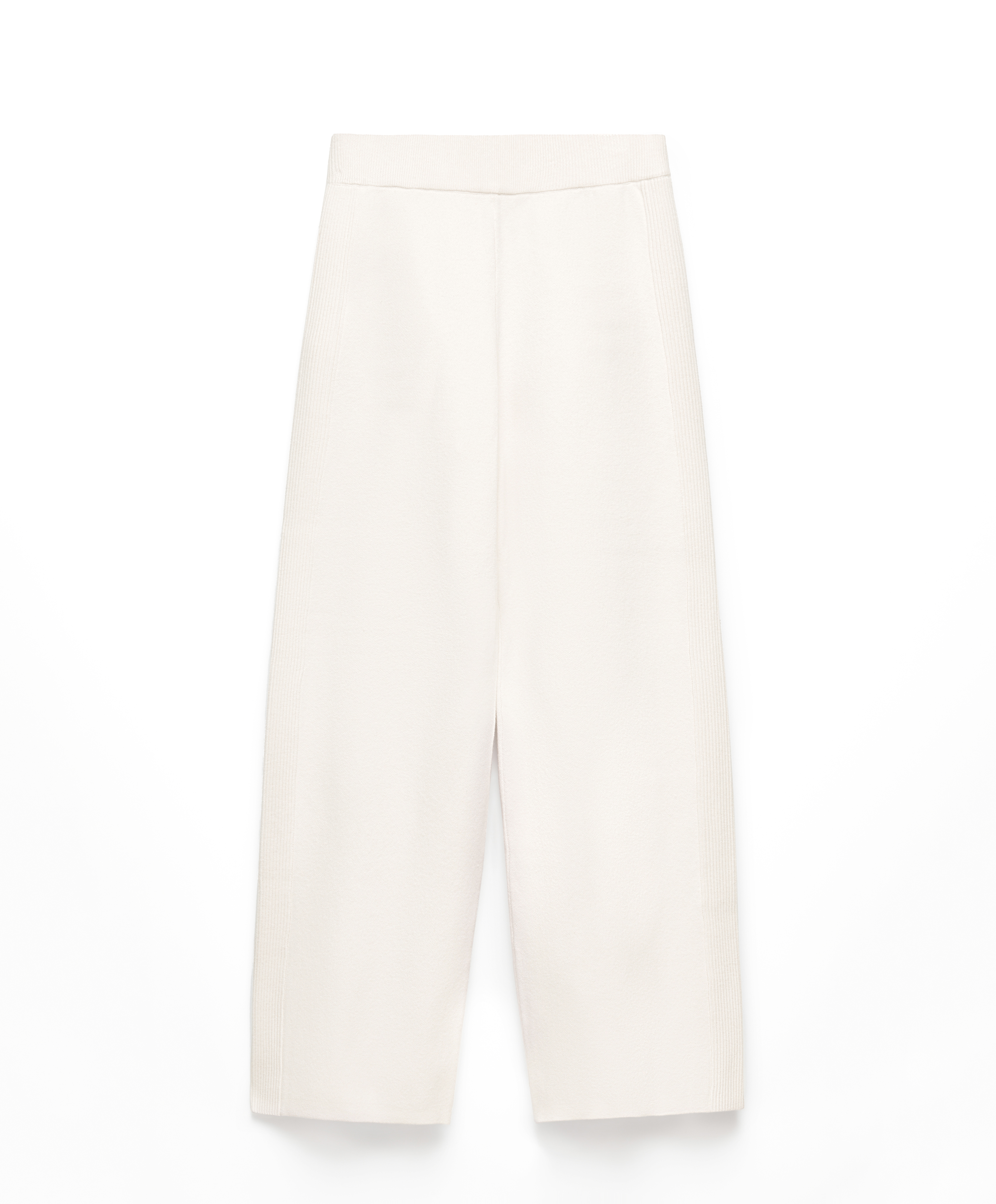 Straight-leg trousers with adjustable stretch waist. Ribbed detail at the sides.