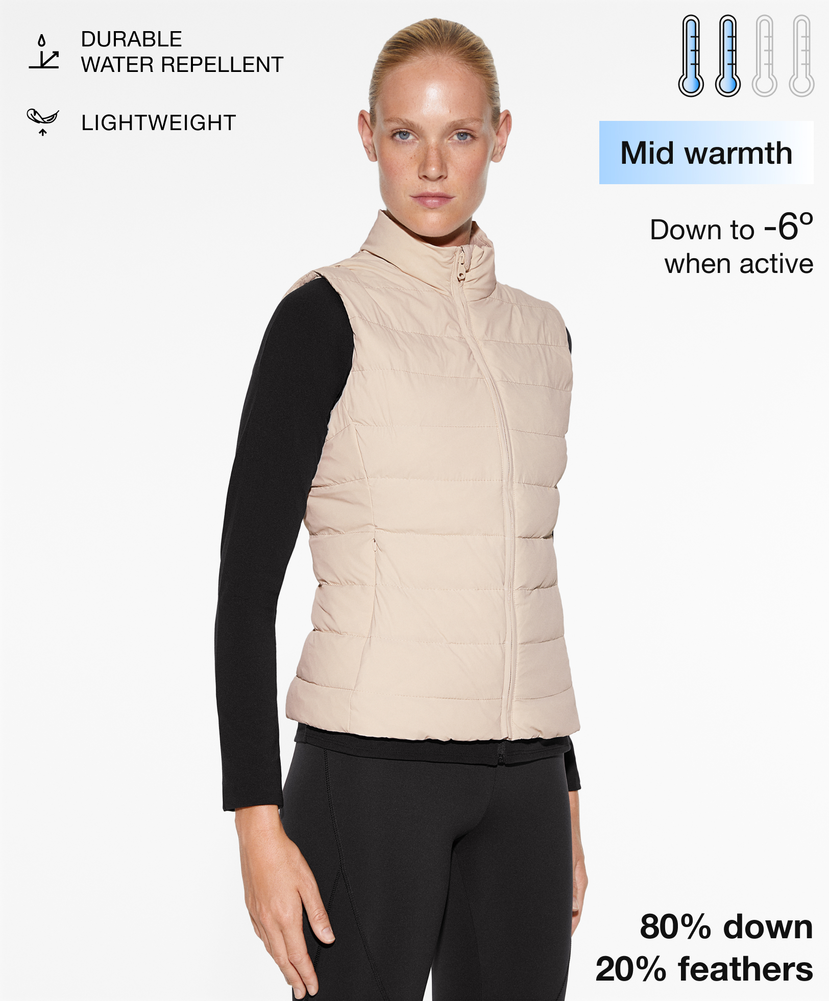 Water-repellent feather-padded gilet