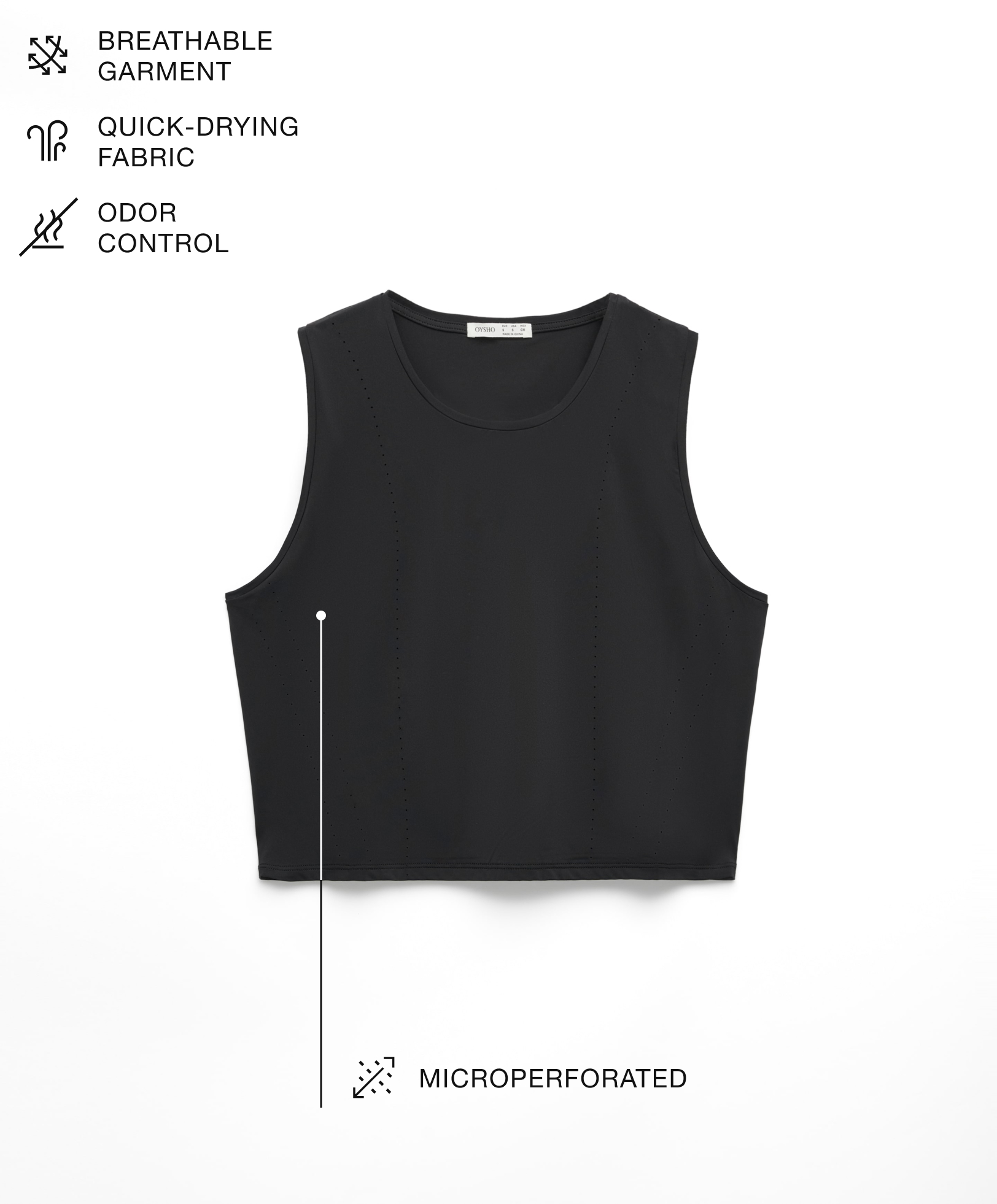Mouwloos technisch crop T-shirt met microperforaties
