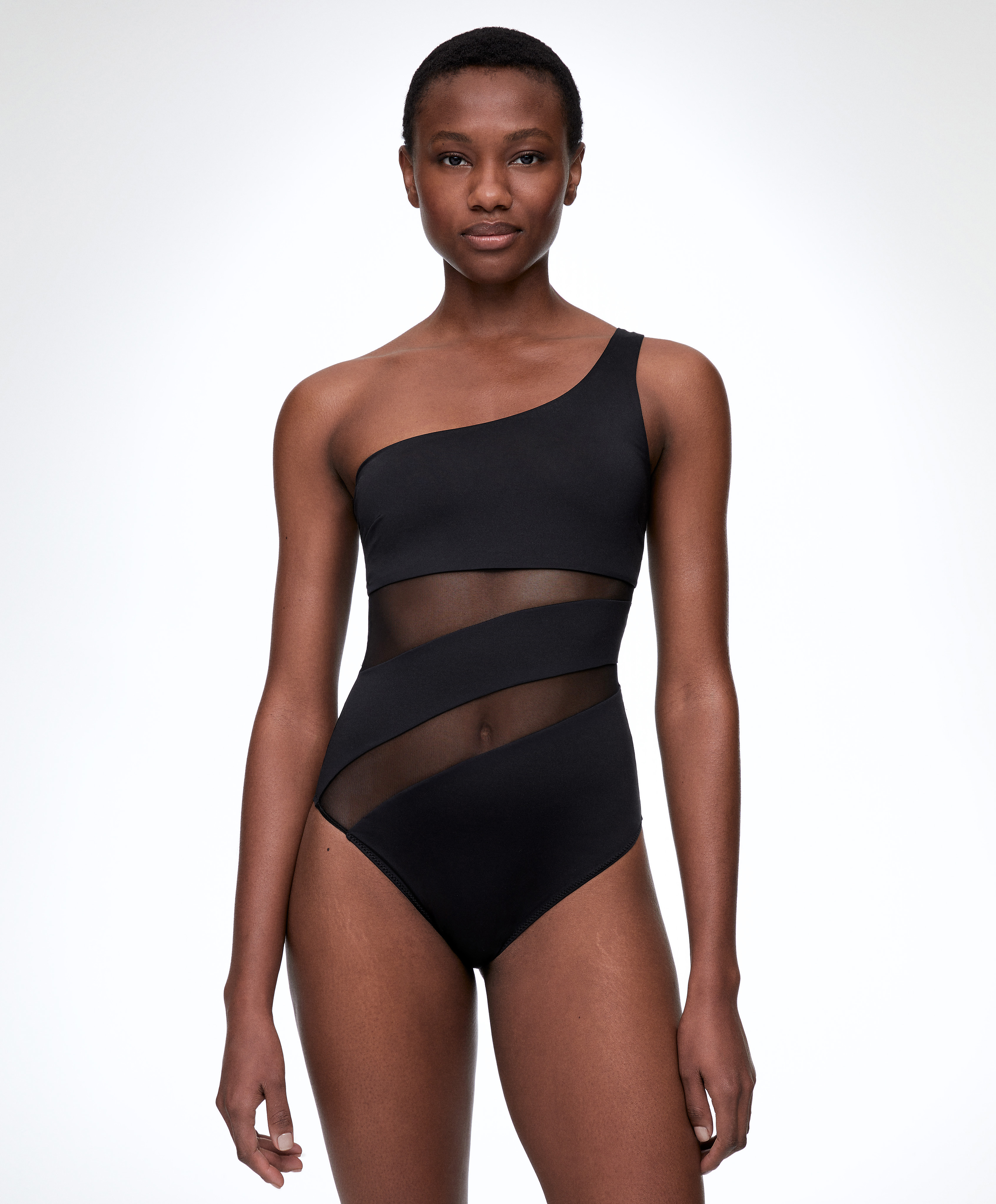 Sheer panel asymmetric swimsuit
