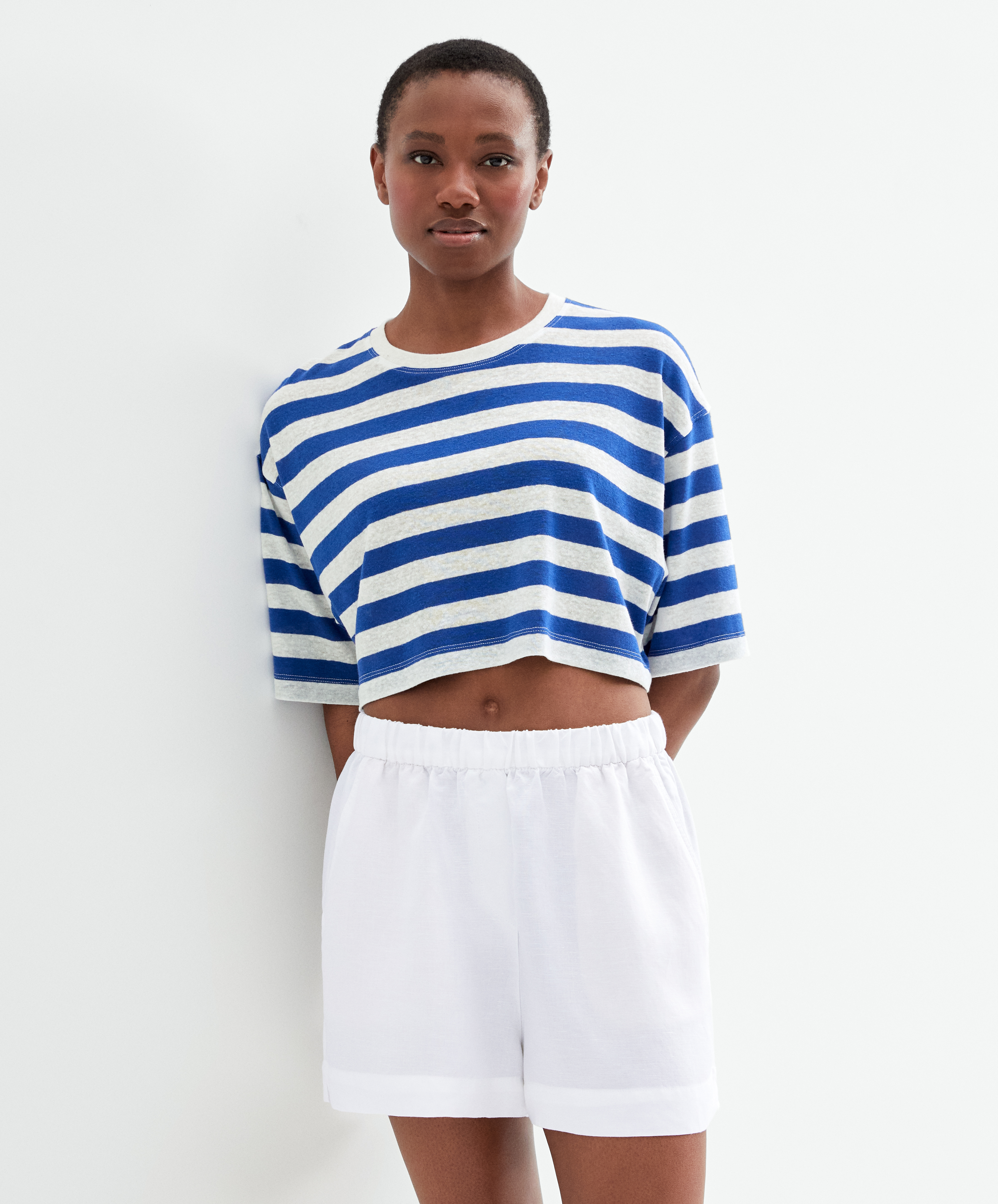 Striped linen short-sleeved crop T-shirt